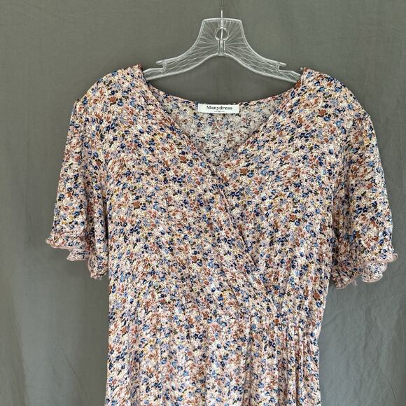 Manydress Floral Midi Dress Pink Ruffle Prairie Style Boho Women's Size Medium - Picture 2 of 13